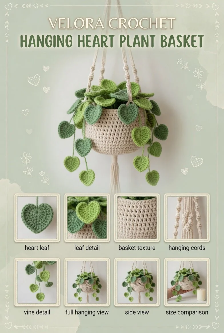 Crochet hanging planter bag with variegated Monstera leaves and thick sturdy cords.