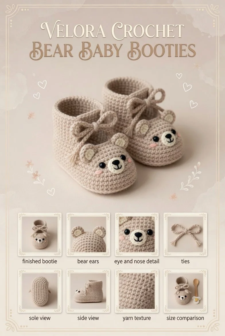 Crochet teddy bear baby booties with ankle straps and embroidered eyes for infants.