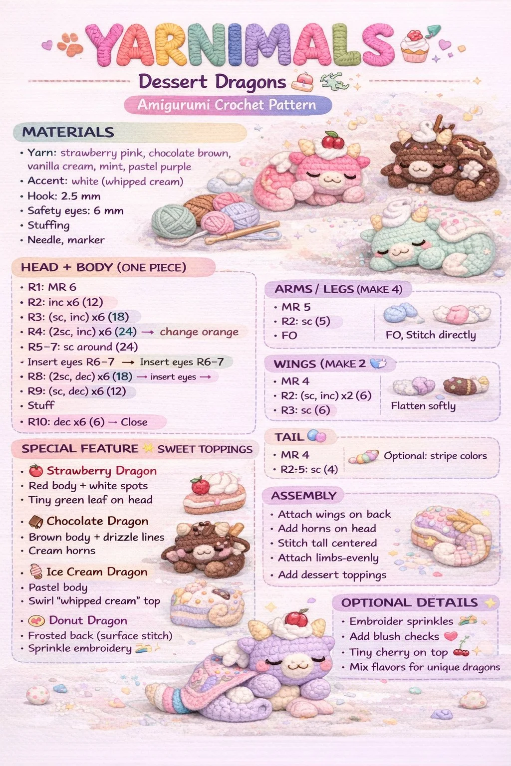 Cute mini Dessert Dragons Amigurumi Crochet treats for beginner crocheters