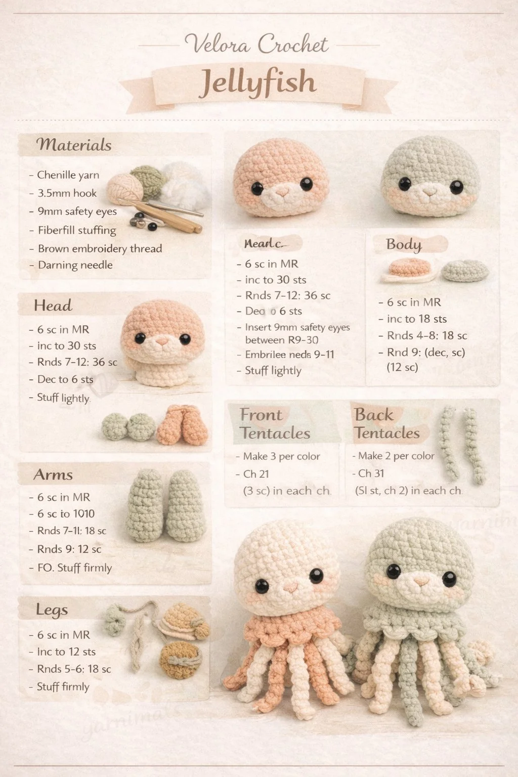 Amigurumi jellyfish crochet pattern with layered head and curly tentacles in blue tones.