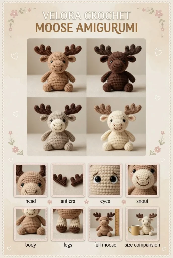 Easy beginner amigurumi moose crochet pattern with rounded snout and oversized antlers.