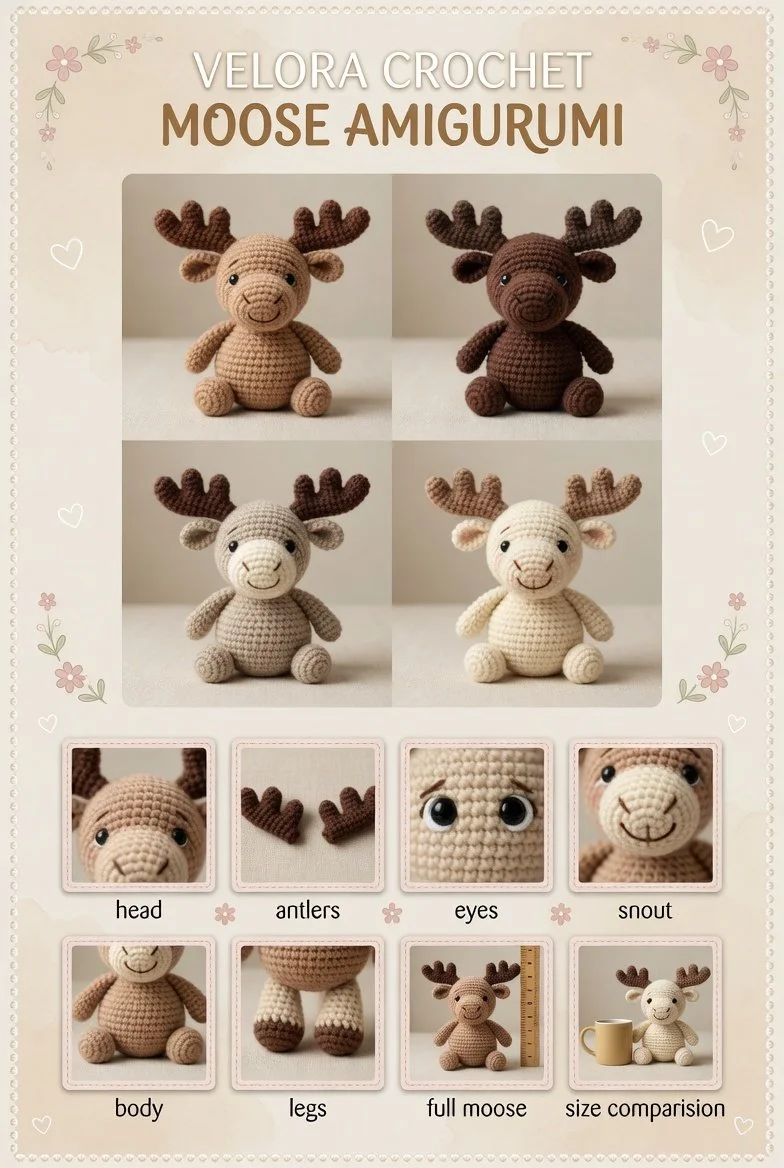 Easy beginner amigurumi moose crochet pattern with rounded snout and oversized antlers.