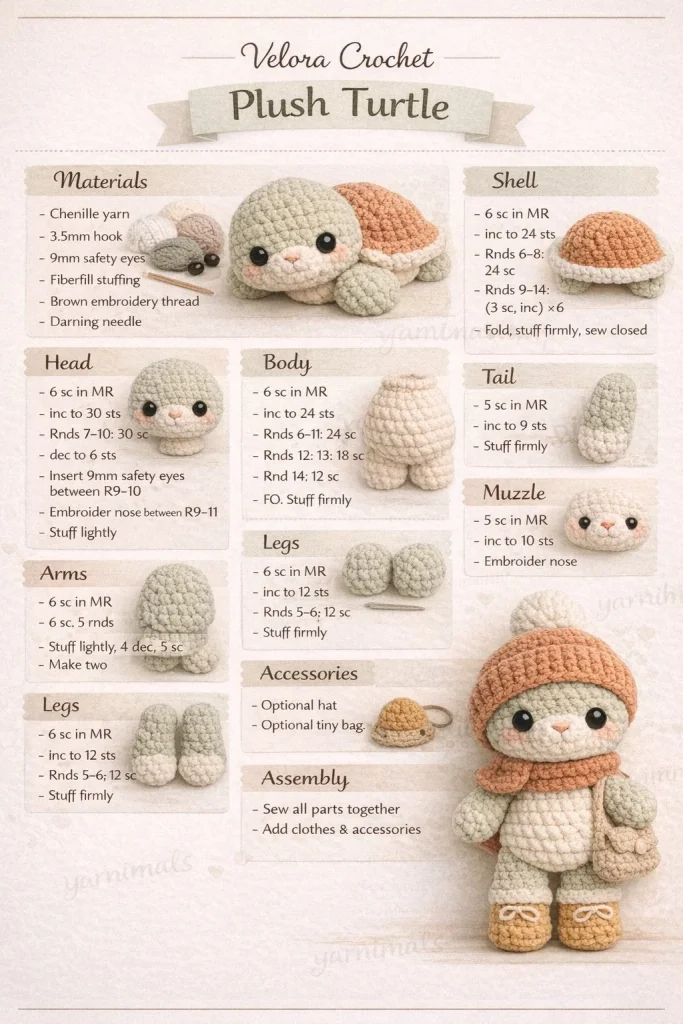 Amigurumi turtle with sage green body and burnt orange shell, smiling face.