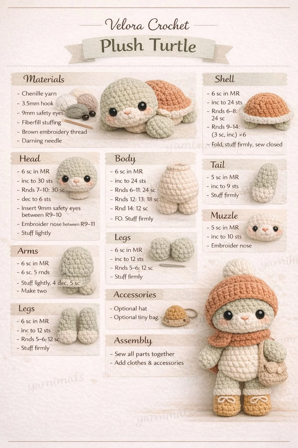 Amigurumi turtle with sage green body and burnt orange shell, smiling face.