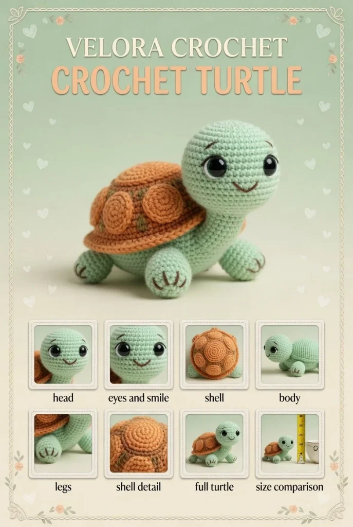 Handmade amigurumi turtle toy with burnt orange shell and sage green details.