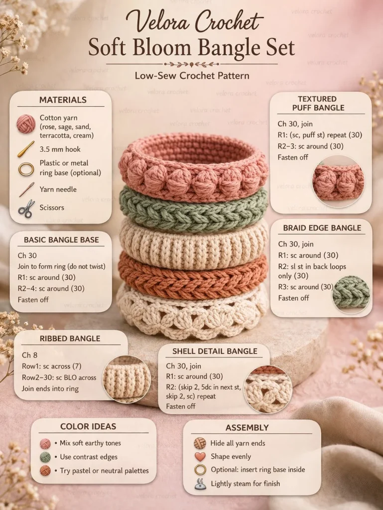 Five stylish crochet bangle bracelets showcasing various easy designs