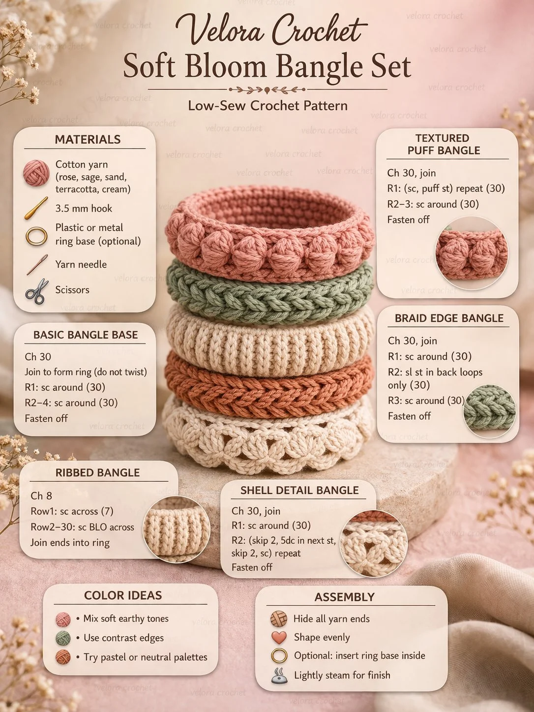 Five stylish crochet bangle bracelets showcasing various easy designs