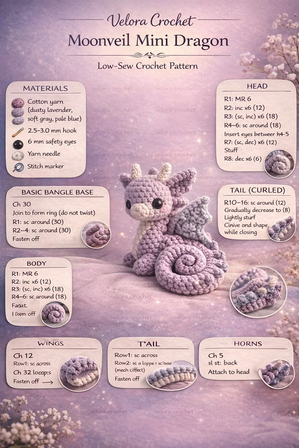 Easy crochet dragon amigurumi pattern for a mini fantasy dragon