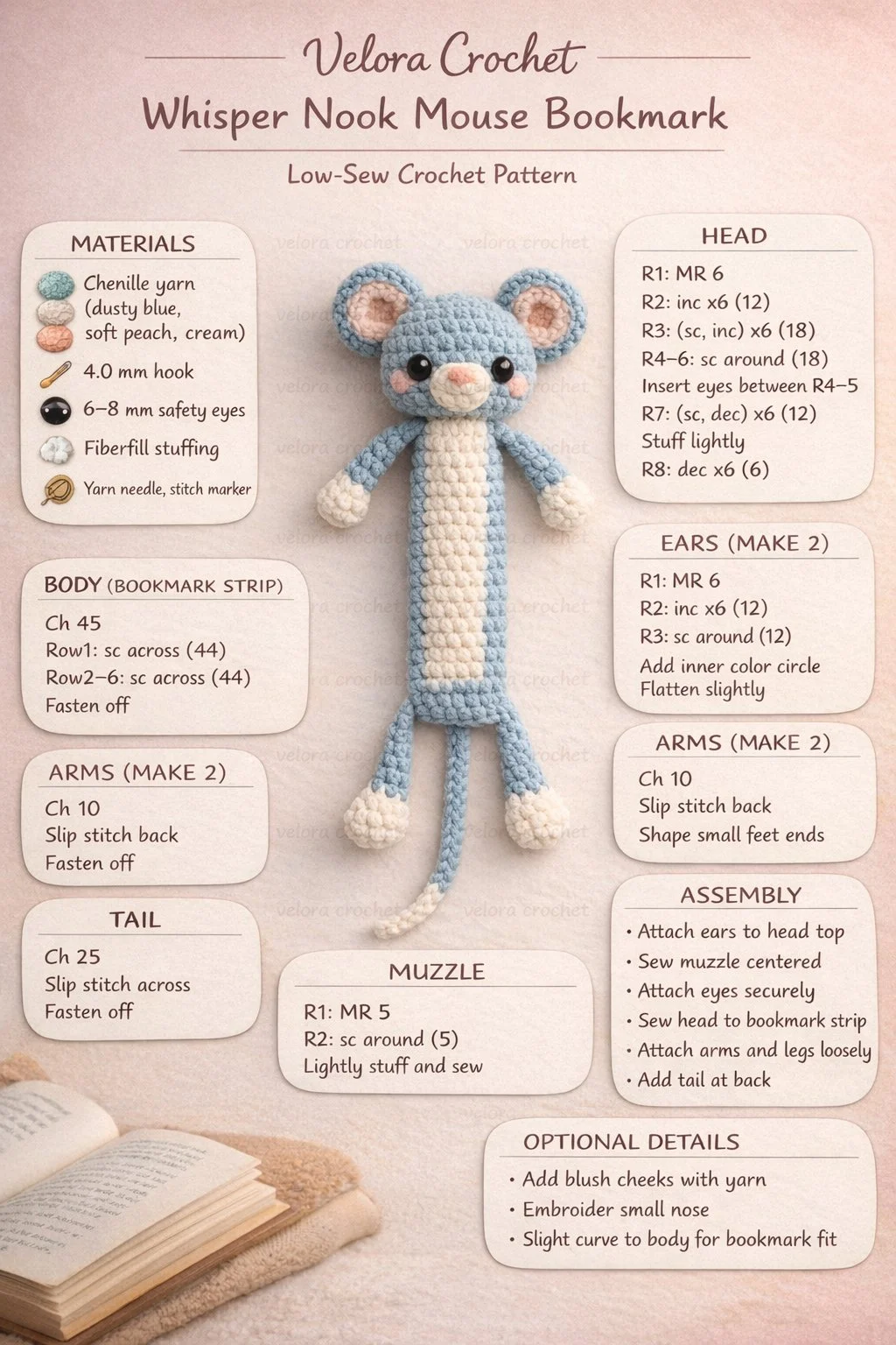 Cute crochet mouse bookmark pattern for easy amigurumi project