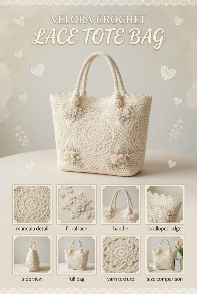 Elegant off-white crochet purse with lace motifs and sturdy handles in bohemian style