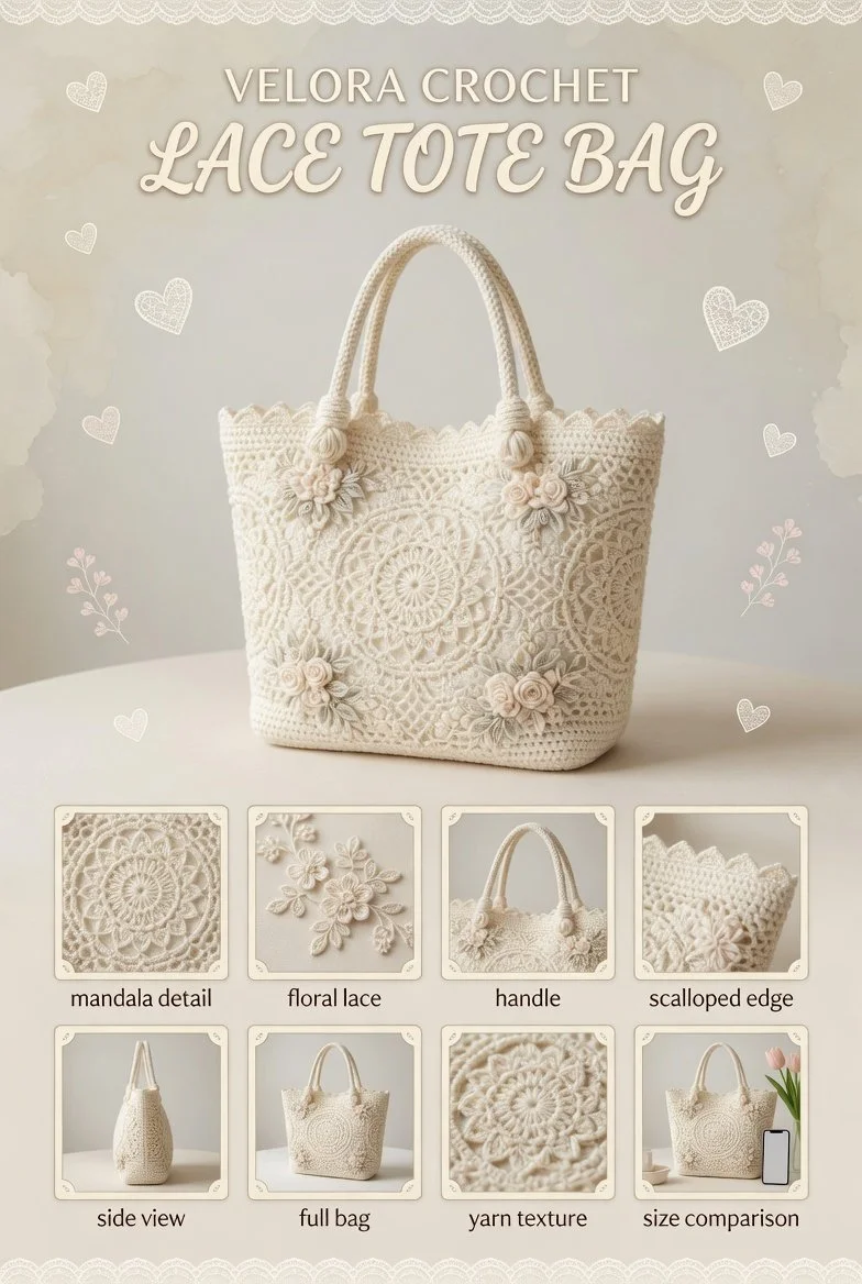 Elegant off-white crochet purse with lace motifs and sturdy handles in bohemian style