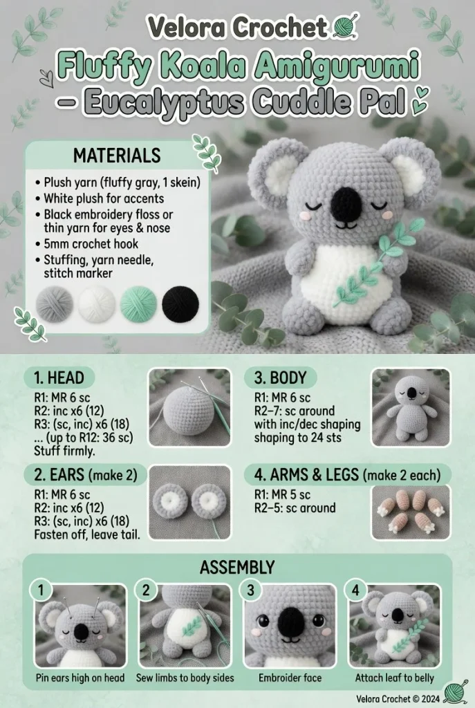 Fluffy koala amigurumi cuddly toy pattern with eucalyptus leaves