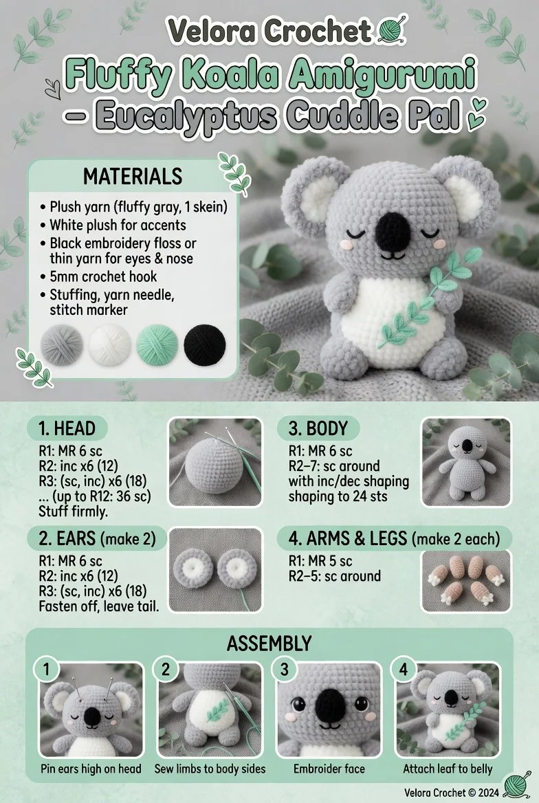 Fluffy koala amigurumi cuddly toy pattern with eucalyptus leaves