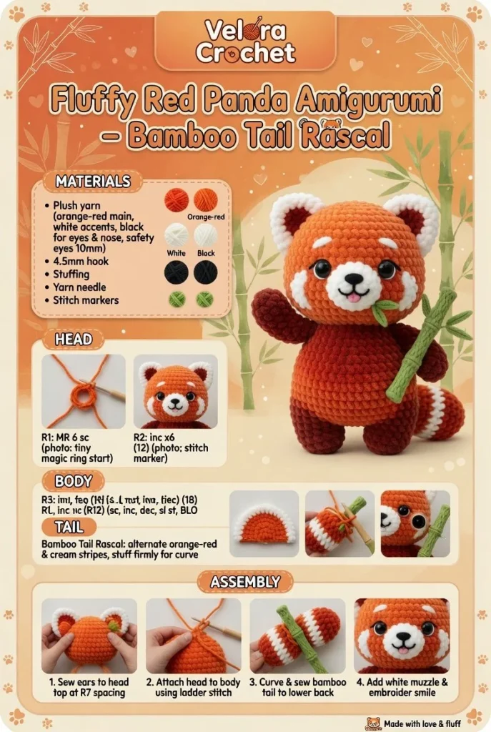 Fluffy red panda amigurumi with bamboo tail, perfect for DIY crafting.