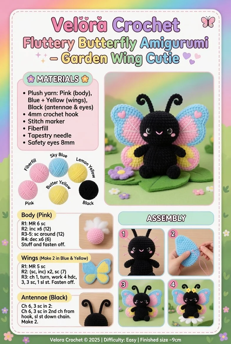Colorful amigurumi butterfly with delicate wings and cute features.