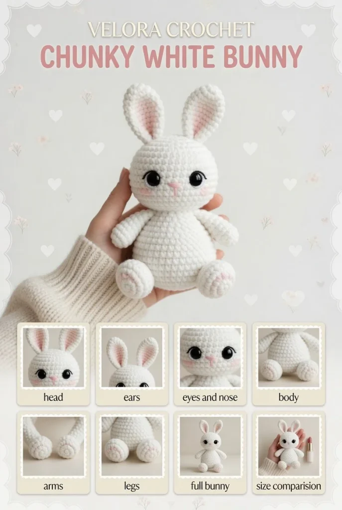 Handmade crochet amigurumi bunny doll in off-white creamy color with plush texture.