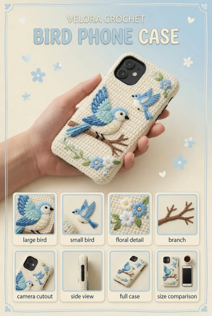 Handmade crocheted phone case with bird embroidery and camera opening in cream yarn.