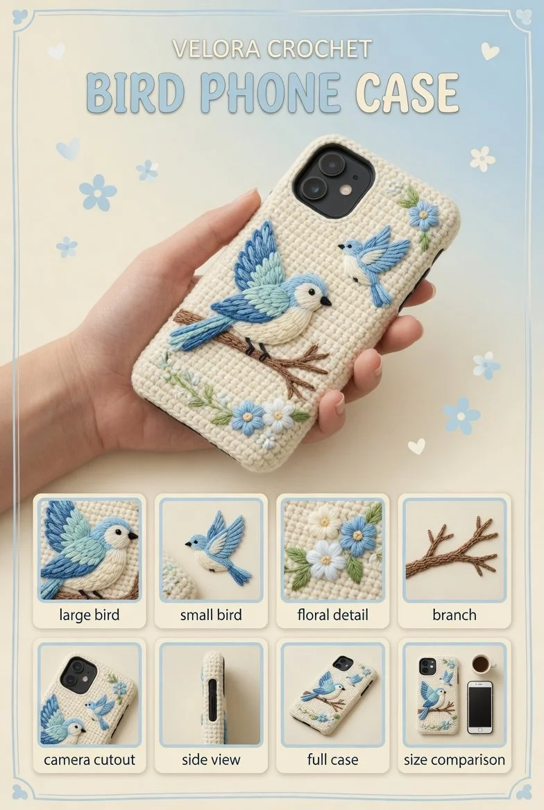 Handmade crocheted phone case with bird embroidery and camera opening in cream yarn.