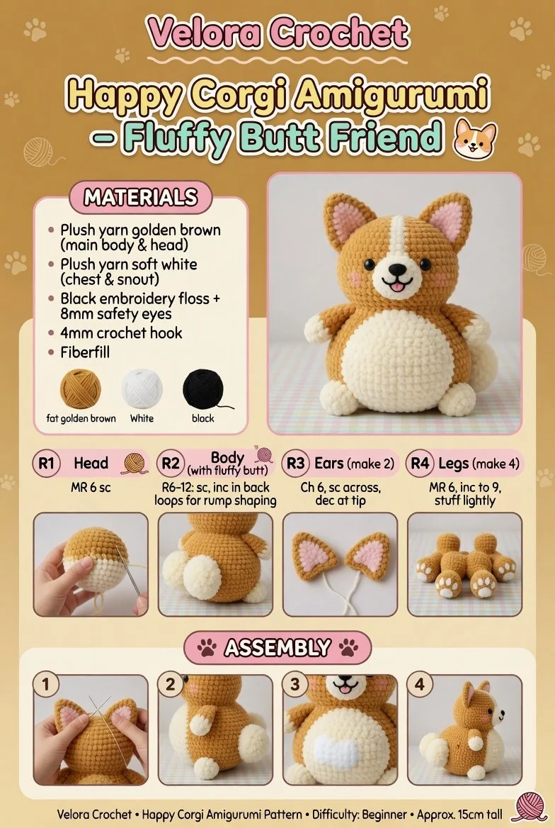 Happy Corgi Amigurumi pattern, fluffy butt friend crochet project