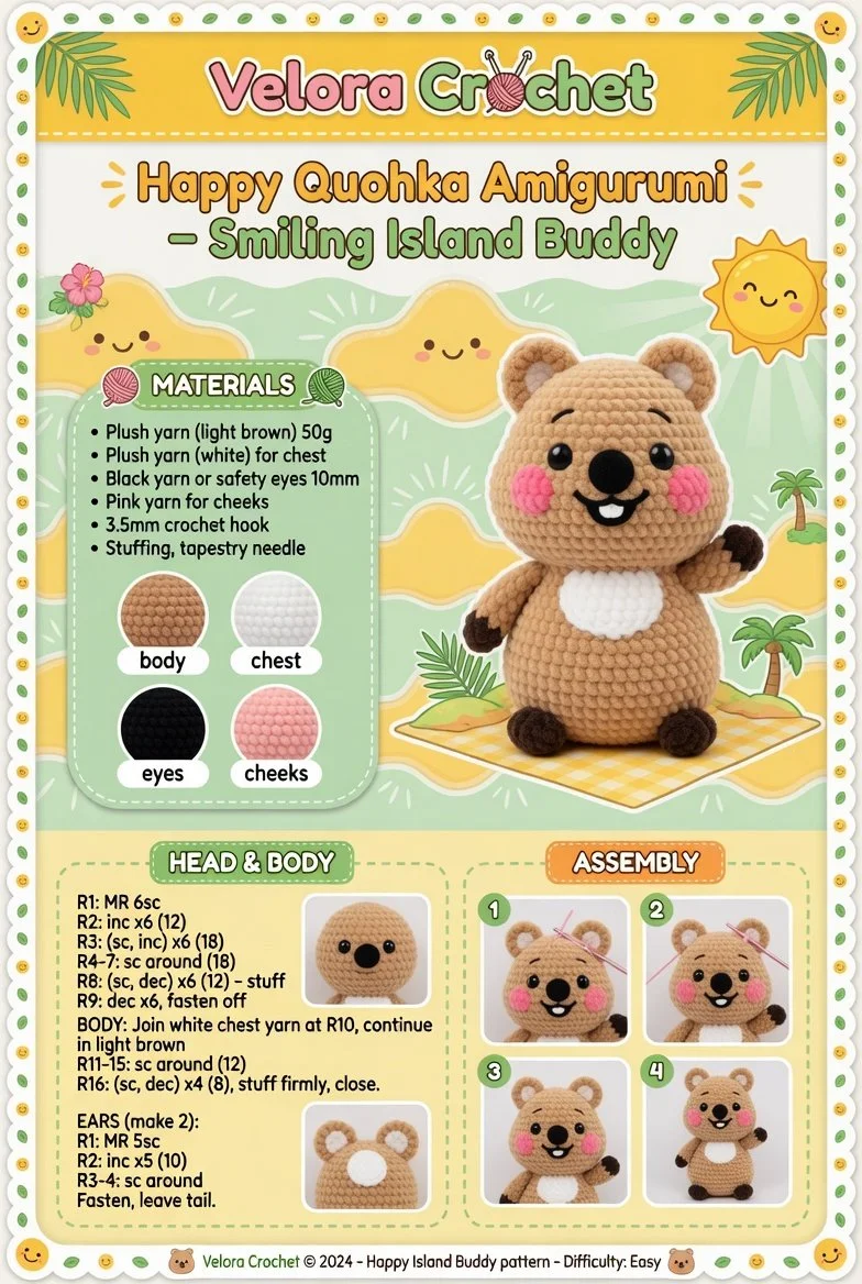 Happy Quokka Amigurumi smiling plush toy on a colorful background.
