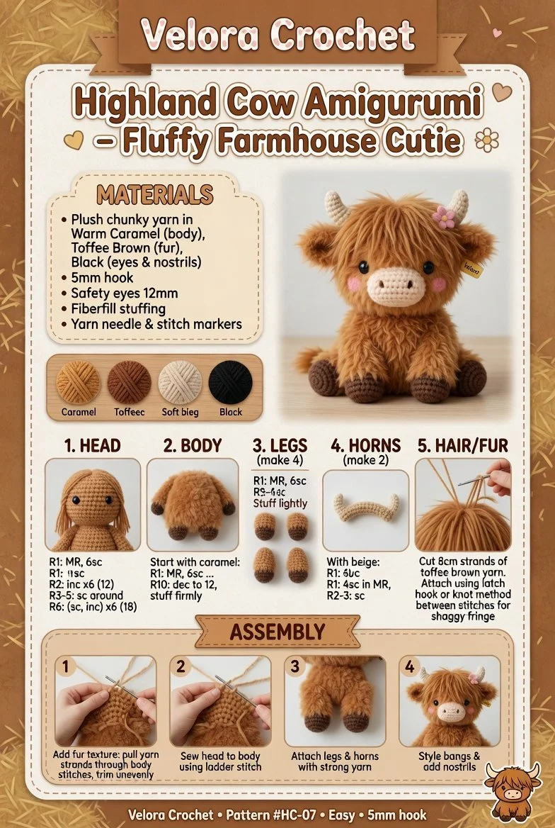 Highland Cow Amigurumi plush toy - fluffy farmhouse decor