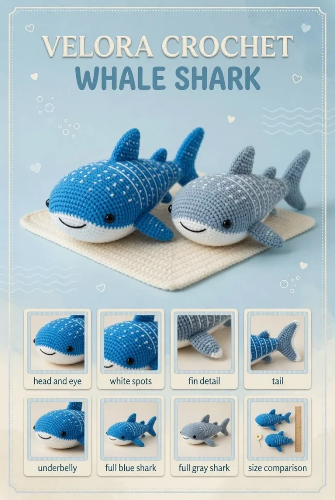 Intermediate crochet pattern for amigurumi whale shark plush toy in blue and gray.