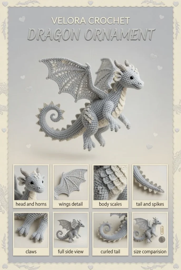 Intricately crocheted light beige dragon ornament with detailed features and textures.