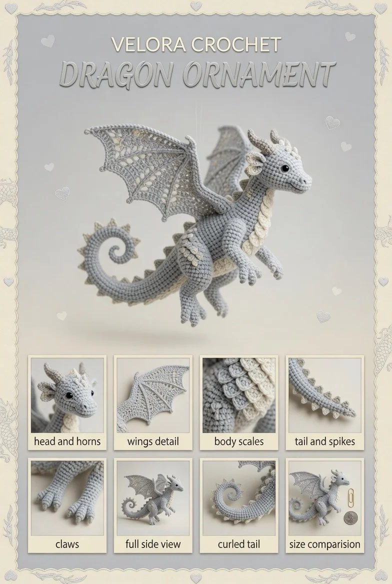 Intricately crocheted light beige dragon ornament with detailed features and textures.