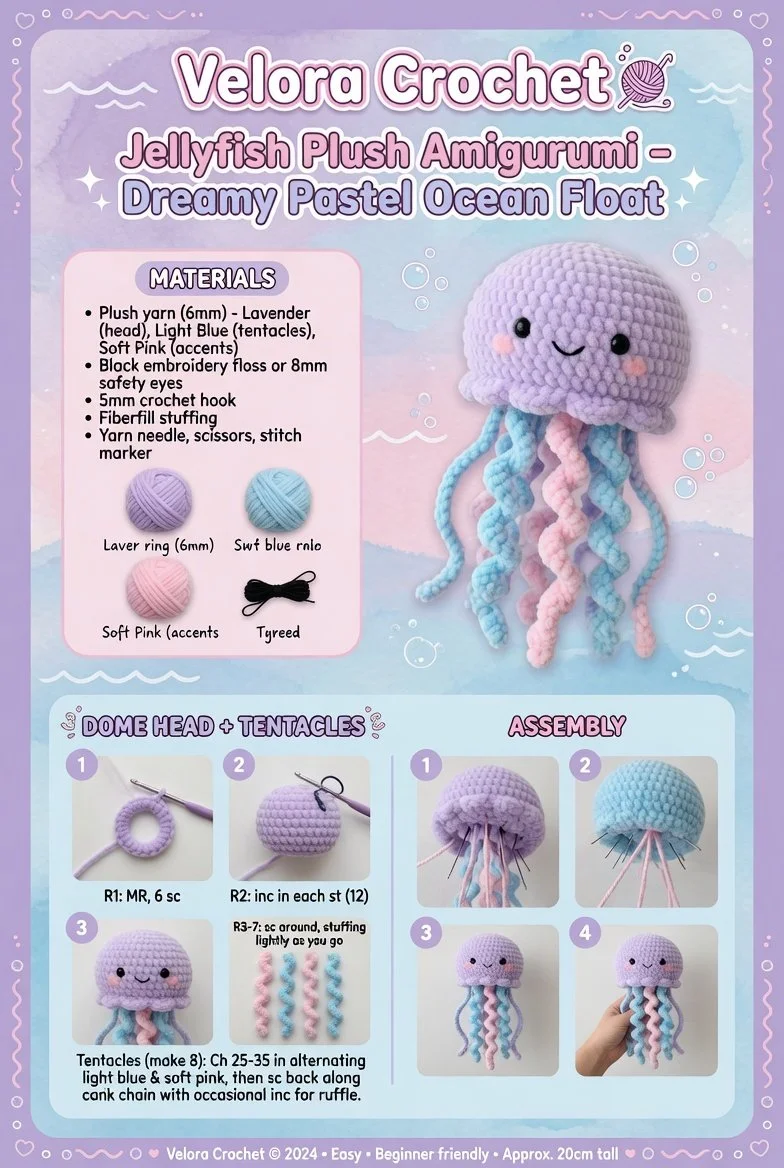 Pastel jellyfish plush amigurumi, ideal for ocean-themed decor and gifts.