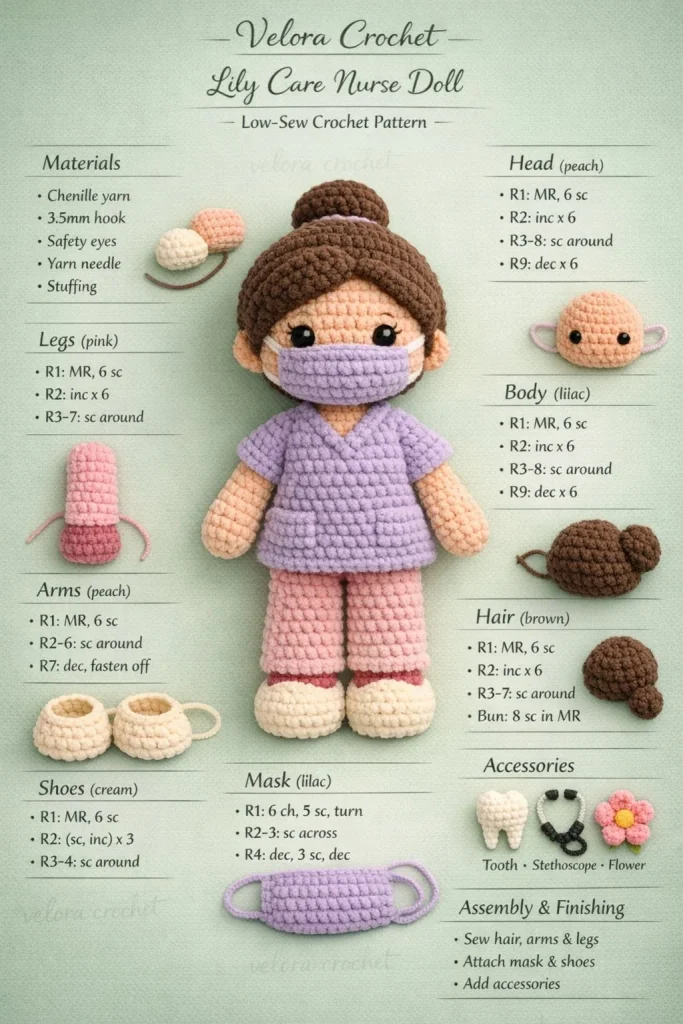 Lily Care Nurse Doll Amigurumi crochet pattern featuring low-sew design.