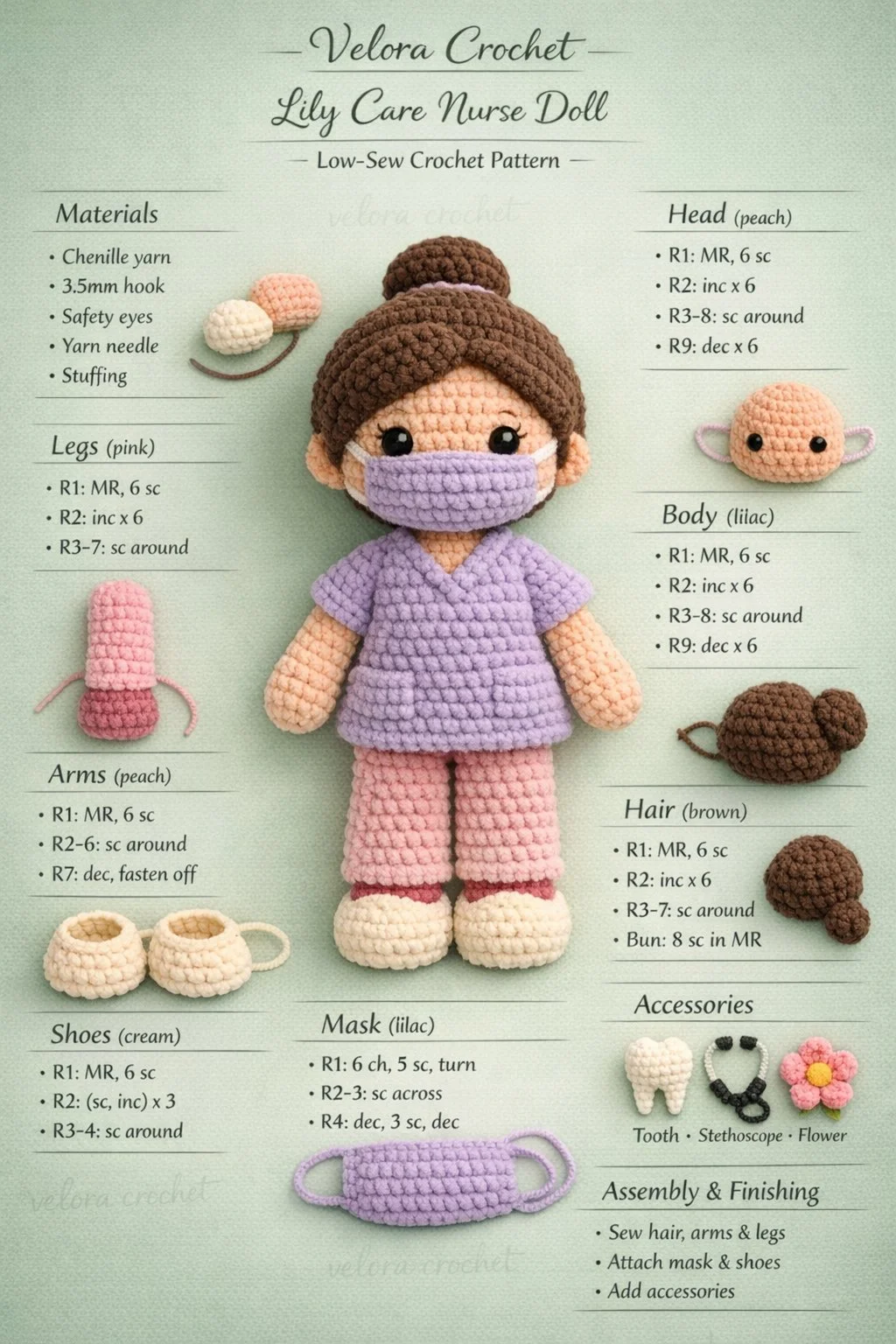 Lily Care Nurse Doll Amigurumi crochet pattern featuring low-sew design.