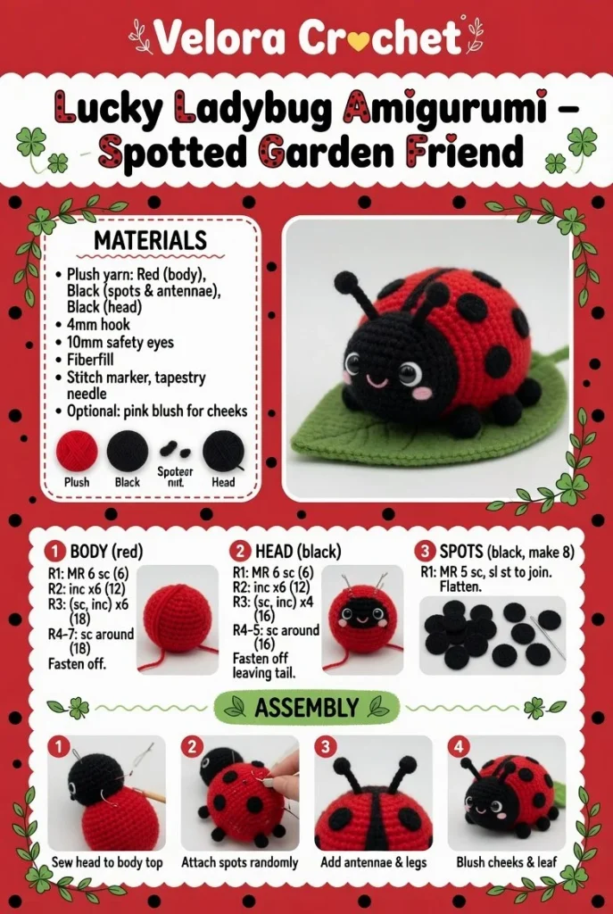 Lucky ladybug amigurumi pattern and finished toy on a colorful background