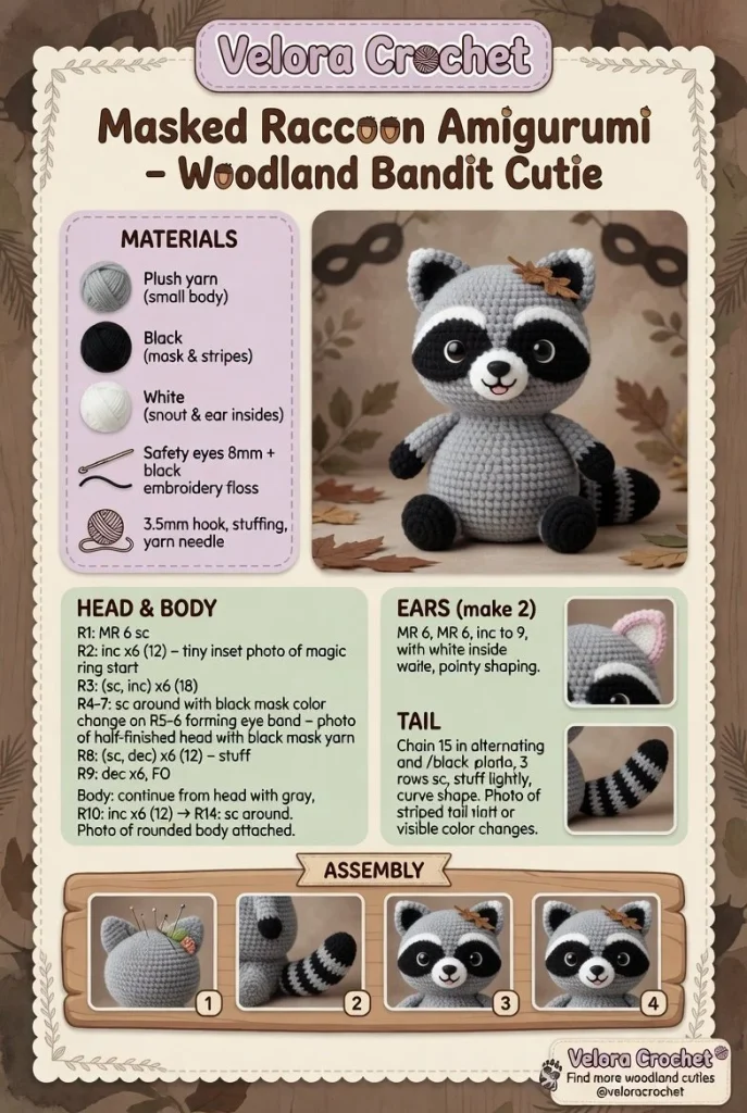 Handmade masked raccoon amigurumi woodland bandit cutie plush toy