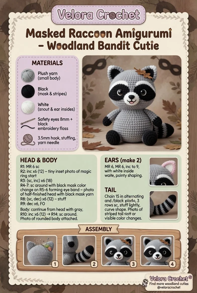 Handmade masked raccoon amigurumi woodland bandit cutie plush toy