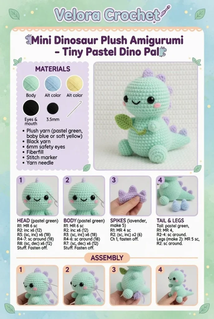 Mini pastel dinosaur plush amigurumi toy for kids and collectors