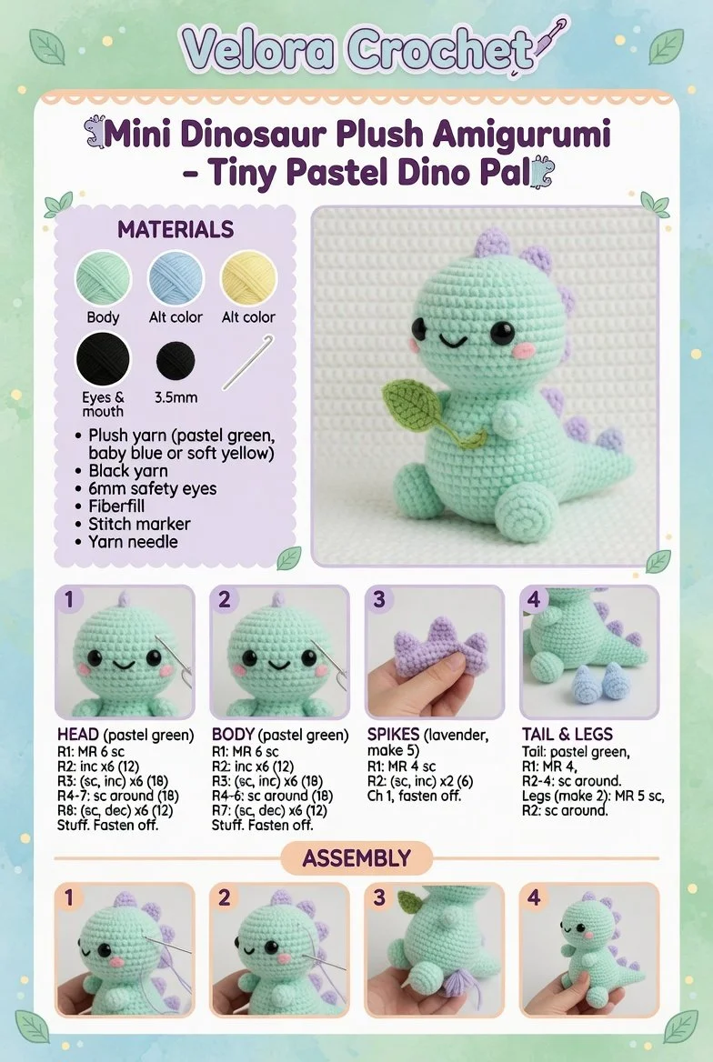 Mini pastel dinosaur plush amigurumi toy for kids and collectors