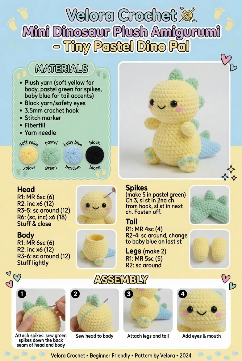 Mini pastel dinosaur plush amigurumi, a cute tiny dino pal for cuddling