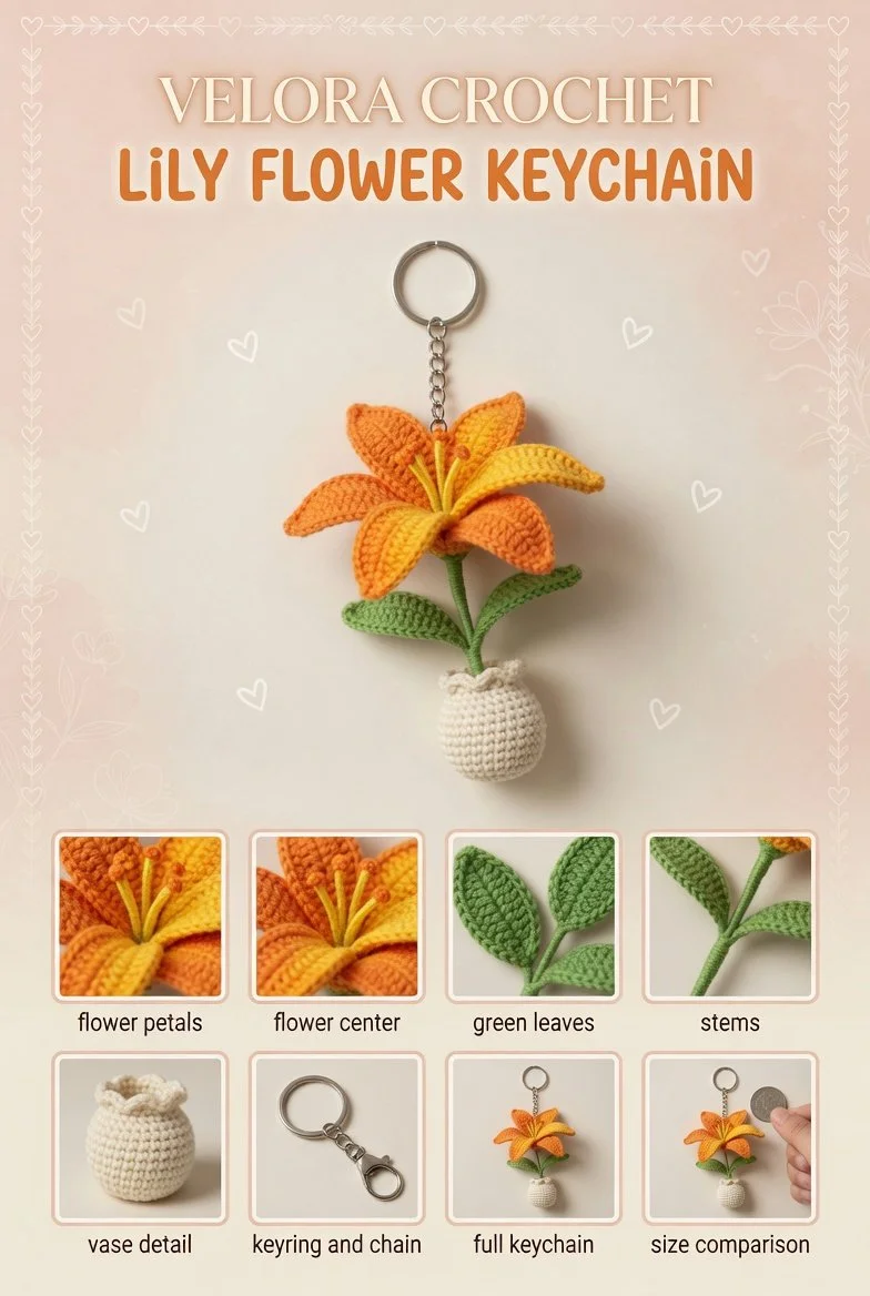 Vibrant orange and yellow lily crochet keychain in cream-colored vase.