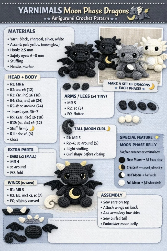 Moon Phase Dragons amigurumi crochet pattern for beginners