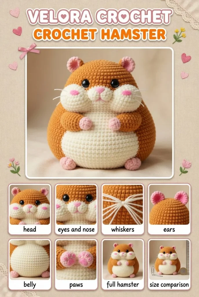 Plump crochet amigurumi hamster in orange and white with safety eyes and pink nose.