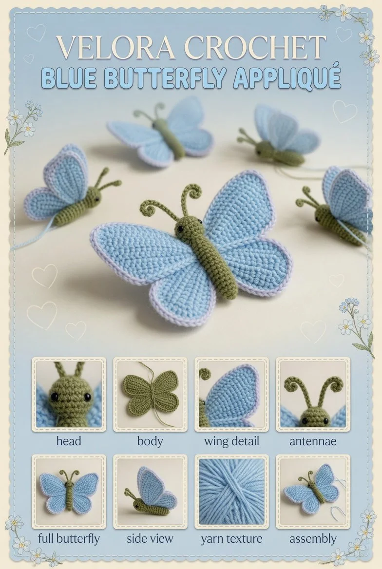 Cropped crocheted butterfly motifs in blue and olive green for embellishments.