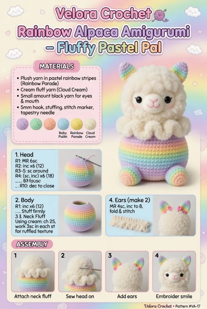Rainbow Alpaca Amigurumi – Fluffy pastel colored alpacami.