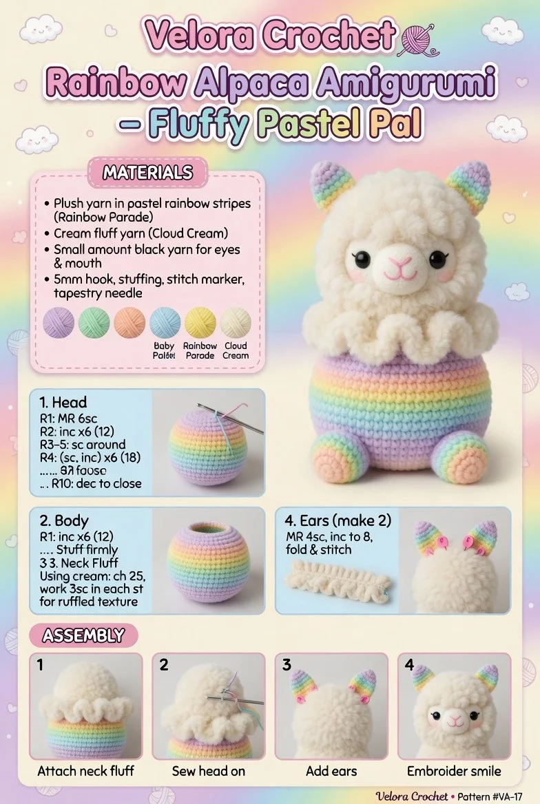 Rainbow Alpaca Amigurumi – Fluffy pastel colored alpacami.