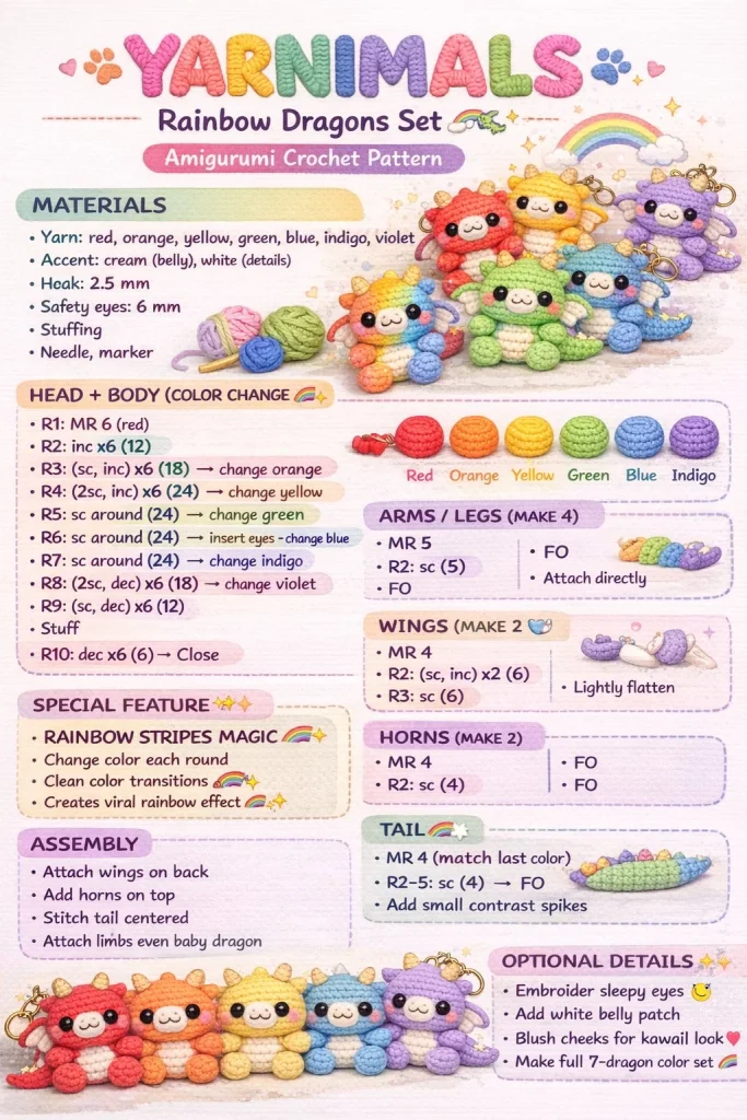 Mini crochet rainbow dragons amigurumi pattern for beginners