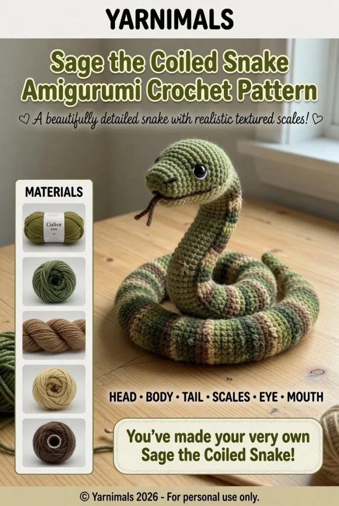 Realistic amigurumi snake with layered scales in olive and moss green, detailed features.