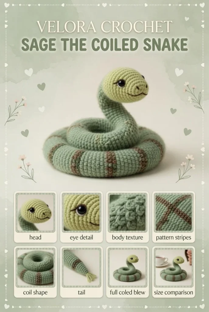Realistic crochet snake amigurumi with bobble stitch scales in green and beige.