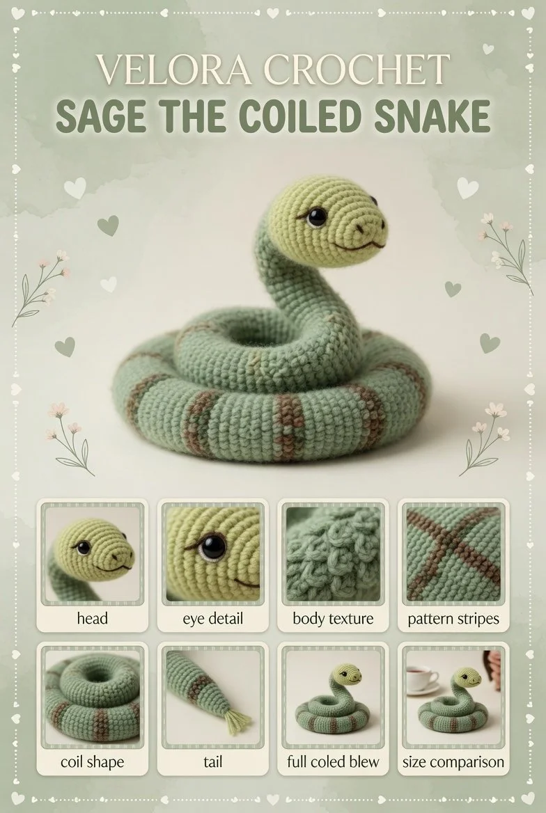 Realistic crochet snake amigurumi with bobble stitch scales in green and beige.