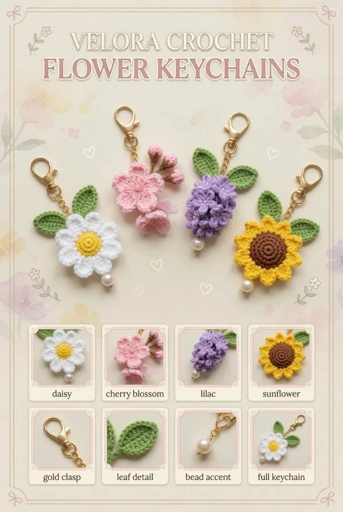 Set of four spring-themed crochet flower bag charms with unique floral designs.
