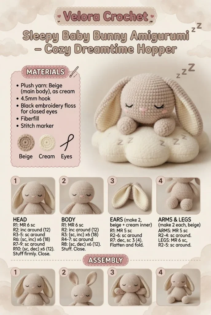 Sleepy Baby Bunny Amigurumi plush toy, perfect for cozy dreamtime cuddles.