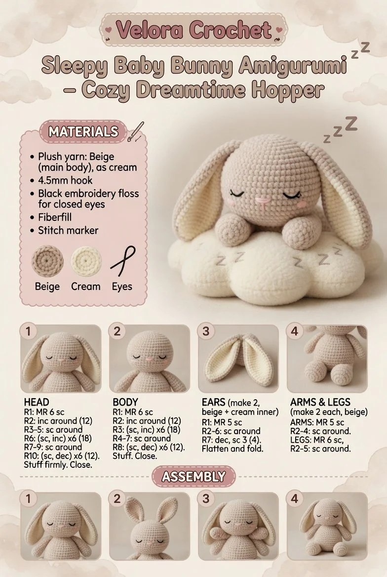 Sleepy Baby Bunny Amigurumi plush toy, perfect for cozy dreamtime cuddles.